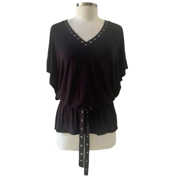 Ella Moss Black V-Neck Short Sleeve Top with Grommet Detail Size Small - Picture 5 of 5